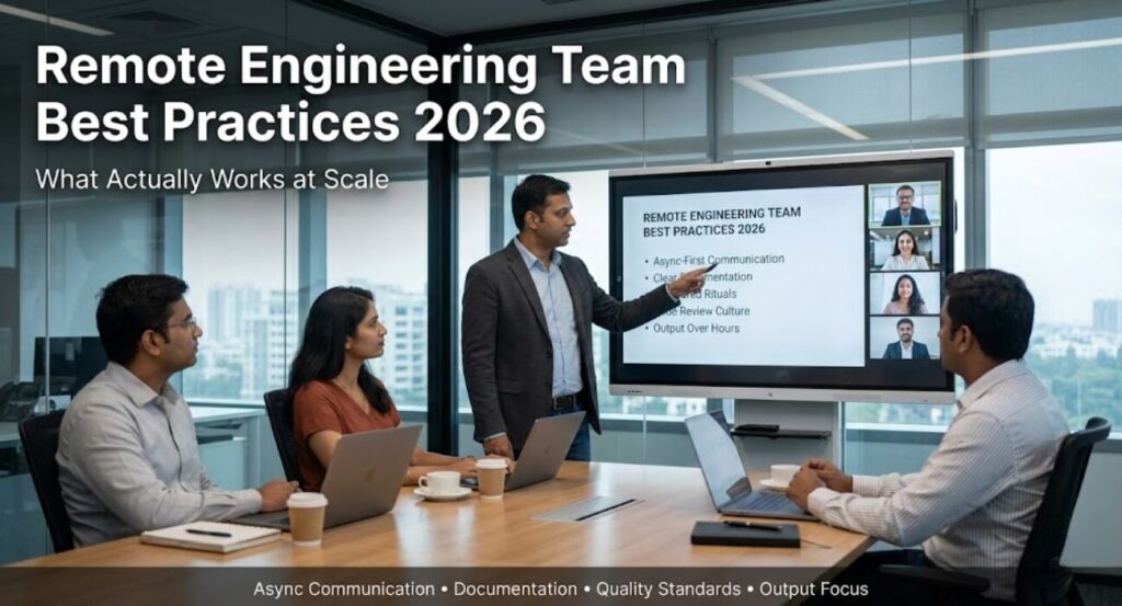 Distributed engineering team collaborating remotely across laptops in a modern Indian workspace with video call and documentation tools visible. Remote Engineering Team Best Practices 2026.