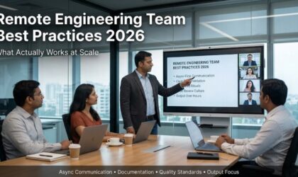 Distributed engineering team collaborating remotely across laptops in a modern Indian workspace with video call and documentation tools visible. Remote Engineering Team Best Practices 2026.