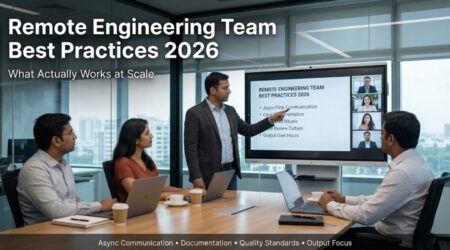 Distributed engineering team collaborating remotely across laptops in a modern Indian workspace with video call and documentation tools visible. Remote Engineering Team Best Practices 2026.