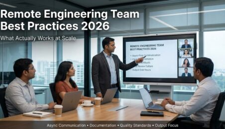 Remote Engineering Team Best Practices in 2026: What Actually Works Distributed engineering team collaborating remotely across laptops in a modern Indian workspace with video call and documentation tools visible. Remote Engineering Team Best Practices 2026.