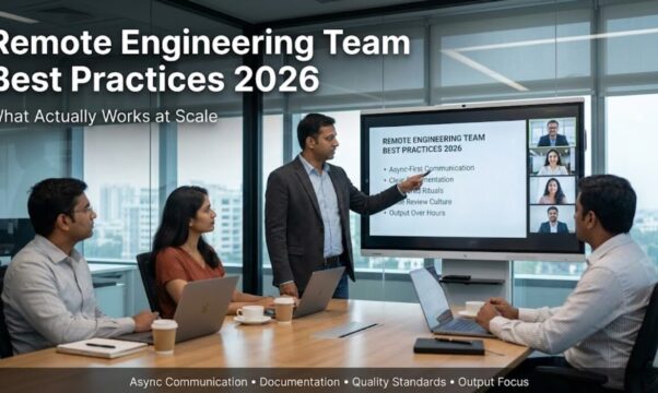 Distributed engineering team collaborating remotely across laptops in a modern Indian workspace with video call and documentation tools visible. Remote Engineering Team Best Practices 2026.