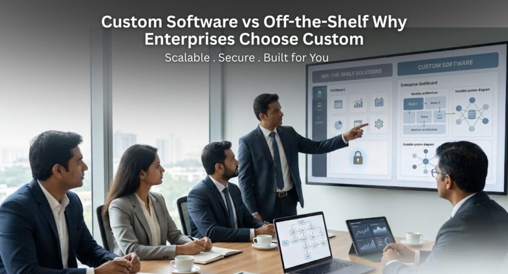 Indian enterprise team discussing custom software architecture on laptop screens in a modern corporate office environment.